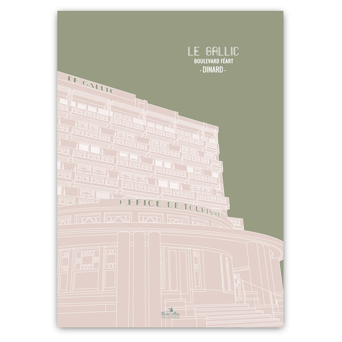Affiche représentant l'ancien hôtel Le Gallic à Dinard sur les plans de l'architecte Michel Oudin en 1927. Affiche française, format 50 X 70 cm dans sa version vert/rose par Marie-Alice vous emmène.