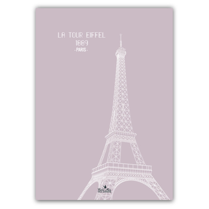 Affiche représentant la Tour Eiffel à Paris. Version : rose lila. Format: 50 X 70 cm . Création: Marie-Alice vous emmène