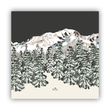 Charger l&#39;image dans la galerie, Affiche française représentant un paysage de montagne du Mont-blanc et sa forêt de sapins. Dimension 70 X 70 cm . Couleurs: noir / beige/vert. Impression francaise - Grenoble. Création : Marie-Alice vous emmène