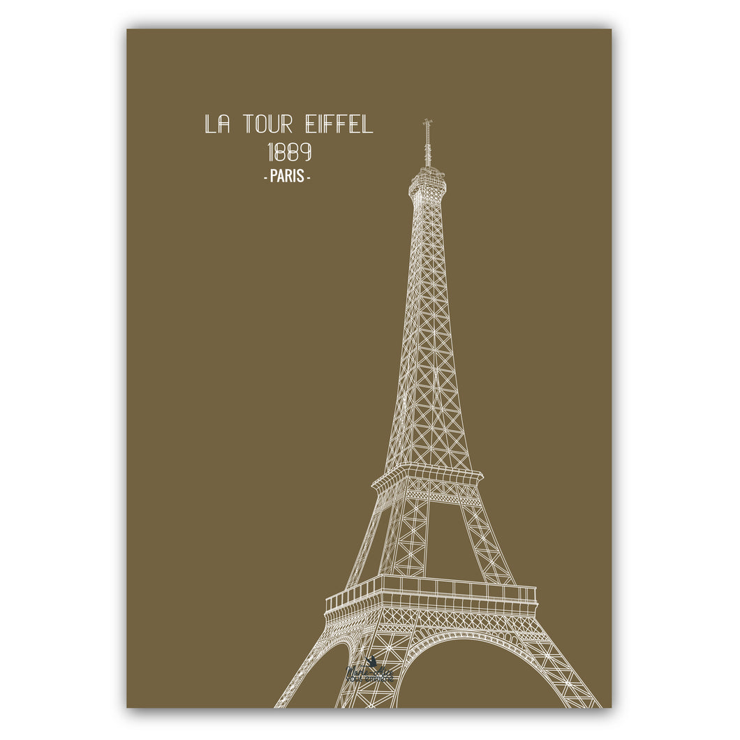 Affiche française de Paris de la Tour Eiffel de couleur bronze. Format: 50 X 70 . Création : Marie-Alice vous emmène