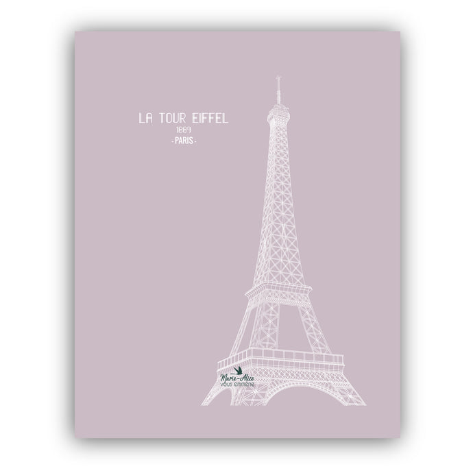Affiche française de Paris de la Tour Eiffel. version : rose / lila . Format: 40 X 50 cm . Artiste: Marie-Alice vous emmène