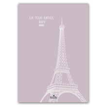 Charger l&#39;image dans la galerie, Affiche représentant la Tour Eiffel à Paris. Version : rose lila. Format: 50 X 70 cm . Création: Marie-Alice vous emmène
