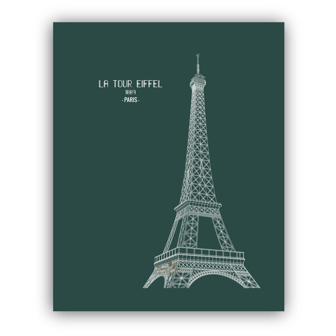 Affiche française de Paris de la Tour Eiffel. version : vert . Format: 40 X 50 cm . Artiste: Marie-Alice vous emmène