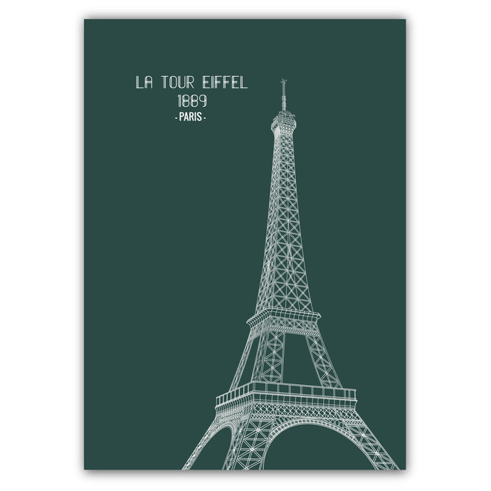 Affiche représentant la tour Eiffel. version : Vert . Format: 50 X 70 cm . Création : Marie-Alice vous emmène