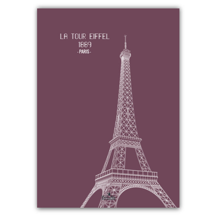 Affiche française de Paris de la Tour Eiffel de couleur violet. Format: 50 X 70 . Création : Marie-Alice vous emmène