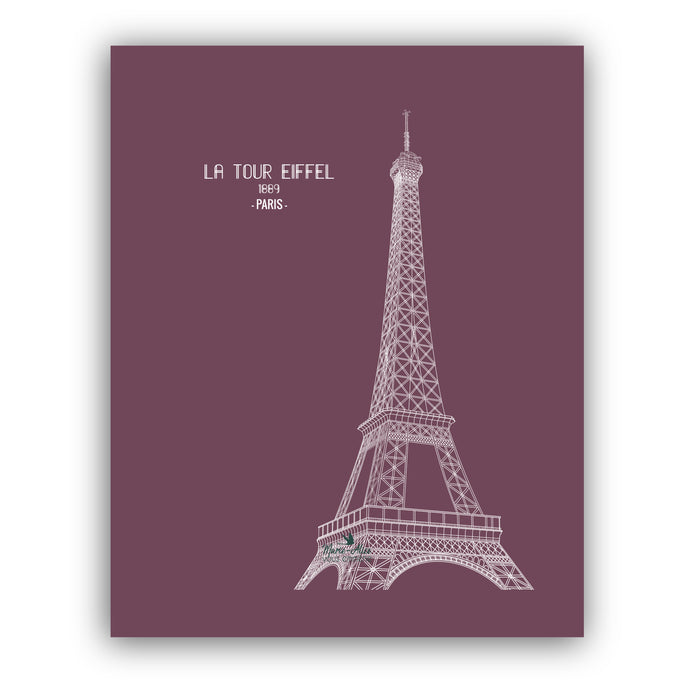 Affiche représentant la Tour Eiffel. version : violine. Format : 40 X 50 cm . Artiste: Marie-Alice vous emmène