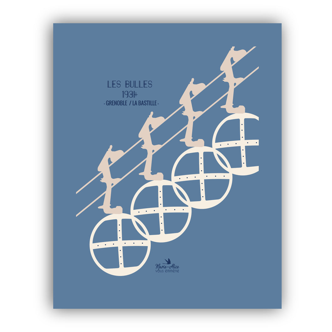 Affiche représentant les bulles du téléphérique de Grenoble. L'arrière-plan est de couleur bleu clair. Les bulles sont de couleurs blanche, rosé. Le format de l'affiche est de 40 x 50 cm. Création Marie-Alice vous emmène et impression française à Grenoble.