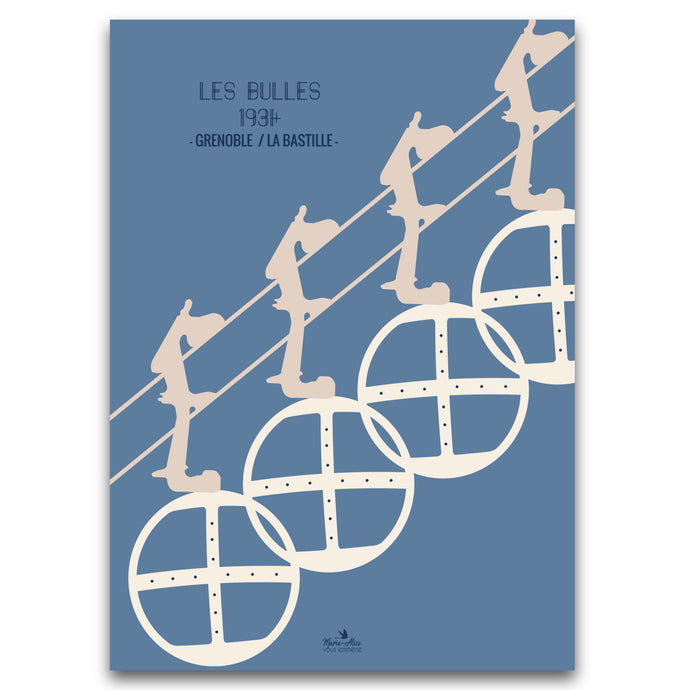 Affiche d'architecture de la ville de Grenoble représentant les bulles de la régie du téléphérique. Arrière plan de couleur bleu clair et les bulles de couleur  blanc/rosé.  Format 50 x 70 cm - imprimée en France à Grenoble - Artiste - marie-alice vous emmene