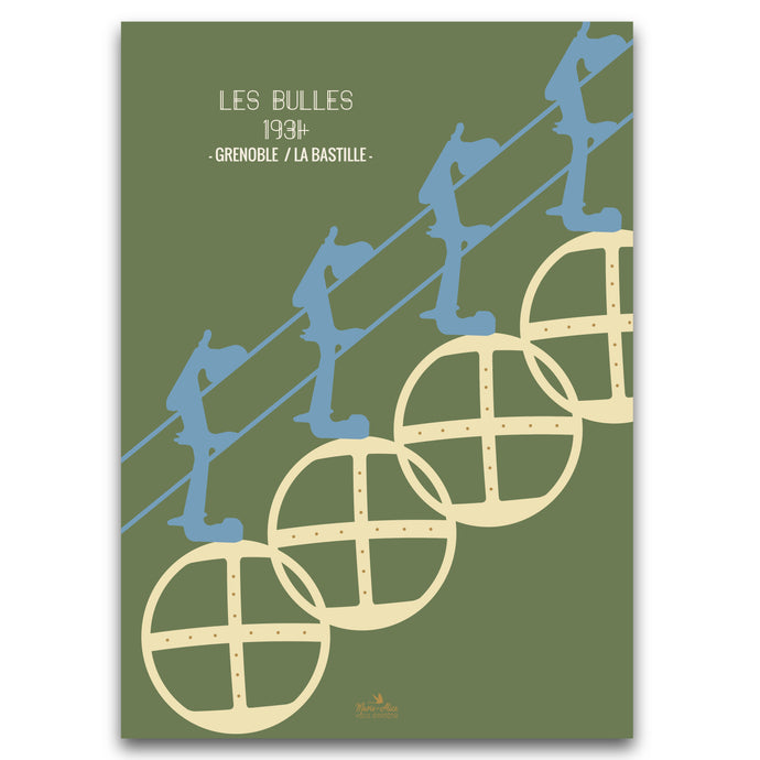 Affiche sur l'architecture du patrimoine français de la ville de Grenoble représentant l'immeuble Les Bulles de la Régie de téléphérique. L'arrière plan est de couleur vert du sud et les bulles sont de couleur jaune pastel. Le format est 50 x 70 cm, impression française. Création de l'artiste Marie-Alice vous emmène.