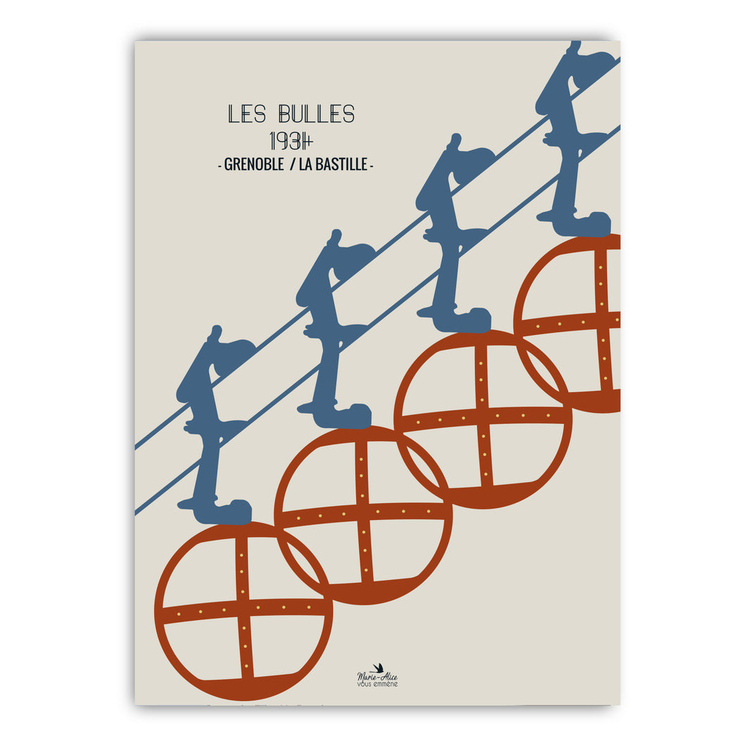 Affiche sur l'architecture du patrimoine français de la ville de Grenoble représentant Les Bulles de la Régie de téléphérique. L'arrière plan est de couleur blanc et les bulles sont de couleur bleu et rouge. Le format est 50 x 70 cm - impression française. Création de l'artiste Marie-Alice vous emmène.