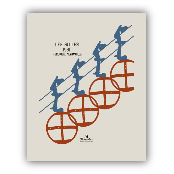 Afficher représentant les Bulles du téléphérique de Grenoble dans sa version bleu /blanc/rouge
. Création: Marie-Alice vous emmène. Impression française à Grenoble. Format : 40 x 50 cm