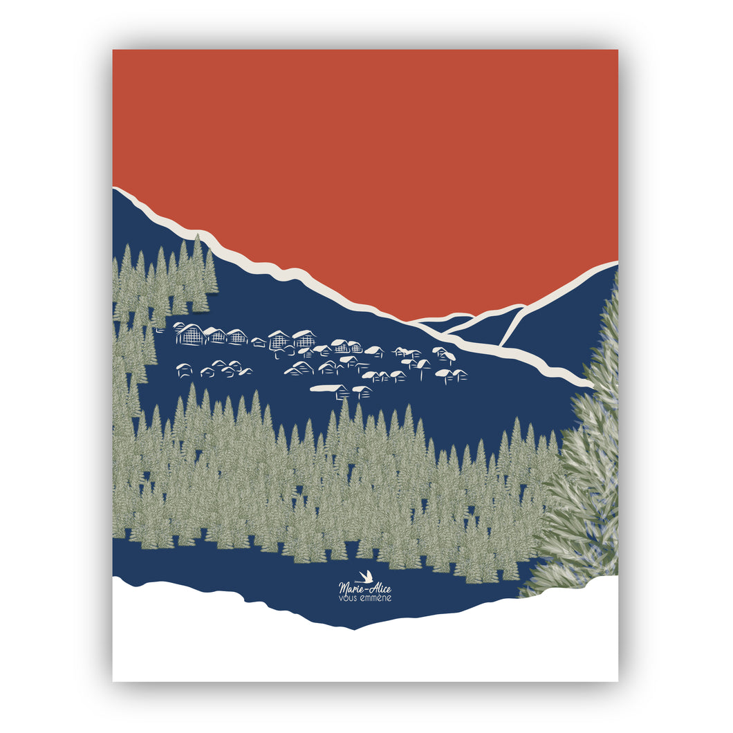 Affiche représentant un paysage de montagne avec une fôret de sapins et un village de chalets aux couleurs bleu, rouge et blanc.  Création : Marie-Alice vous emmène/ Format: 40x50 cm / Imprimée en France à Grenoble