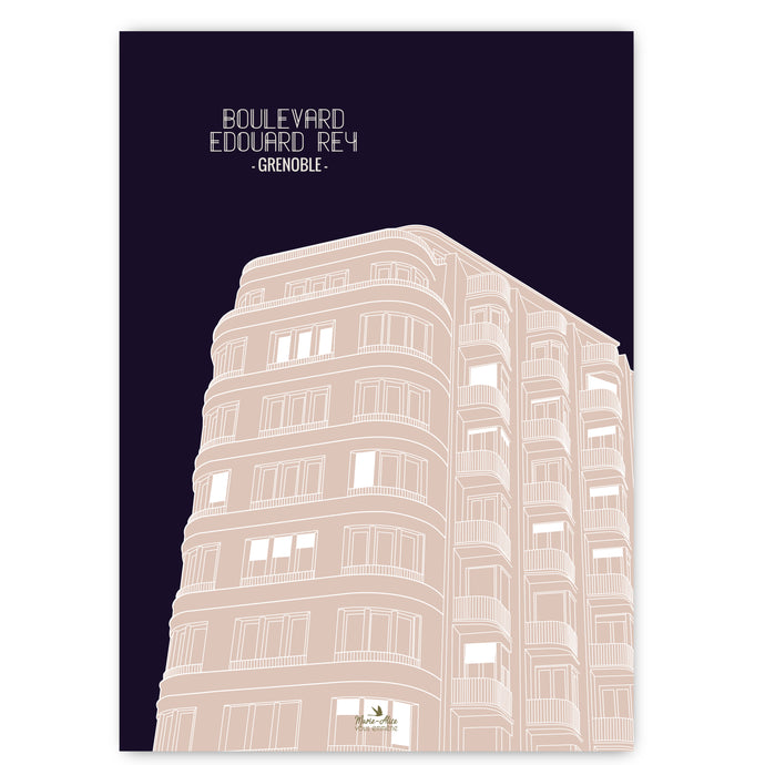 Affiche sur l'architecture du patrimoine français de la ville de Grenoble représentant l'immeuble du 1 boulevard edouard rey. L'arrière plan est de couleur bleu nuit  , et l'immeuble est de couleur rosé . Le format est 50 x 70 cm, impression française. Création de l'artiste Marie-Alice vous emmène.