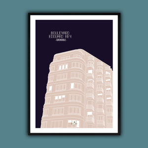 Affiche sur l'architecture du patrimoine français de la ville de Grenoble représentant l'immeuble du 1 boulevard edouard rey. L'arrière plan est de couleur bleu nuit , et l'immeuble est de couleur rosé. Le format est 50 x 70 cm avec un encadrement 60 x 80 cm, impression française. Création de l'artiste Marie-Alice vous emmène.