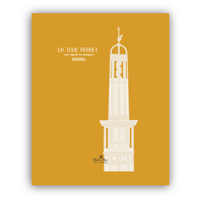 Affiche de la ville de Grenoble représentant la tour Perret. L'arrière plan est de couleur jaune et la tour est de couleur beige. Dimension 40 x 50 cm- impression française. Créatrice: Marie-Alice vous emmene 