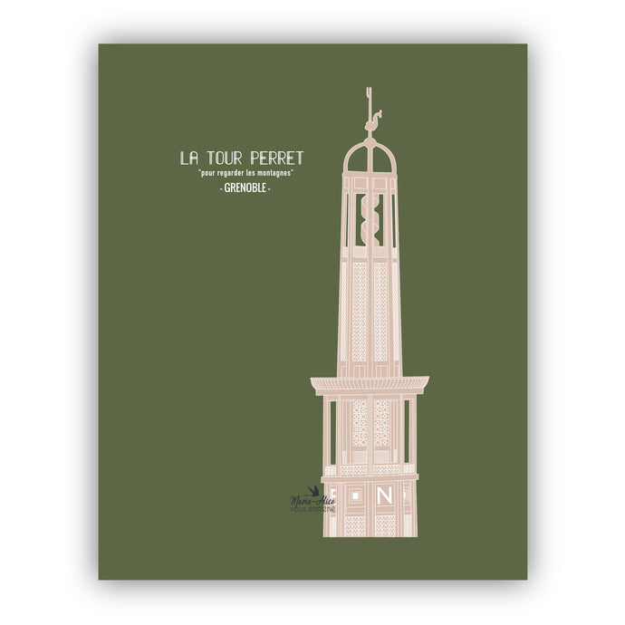 Affiche représentant la tour perret de Grenoble. L'arrière-plan est de couleur vert olive. La tour perret est colorée dans un beige rosée. Le format de l'affiche est de 40 x 50 cm. Création Marie-Alice vous emmène et impression française à Grenoble. 