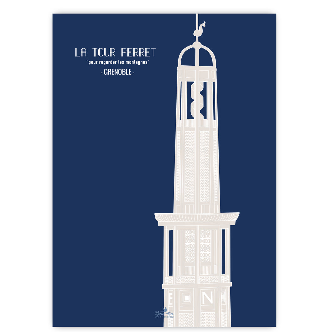 Affiche d'architecture de la ville de Grenoble représentant la tour Perret. Arrière plan de couleur bleu et la tour perret de couleur gris.  Format 50 x 70 cm - imprimée en France à Grenoble - Artiste - marie-alice vous emmene
