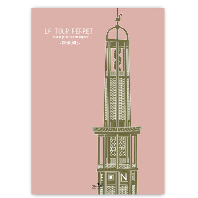 Affiche d'architecture de la ville de Grenoble représentant la tour Perret. Arrière plan de couleur rose et la tour perret de couleur vert kaki.  Format 50 x 70 cm - imprimée en France à Grenoble - Artiste - marie-alice vous emmene