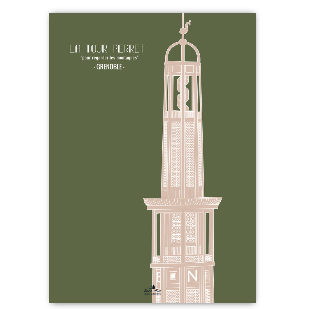 Affiche d'architecture de la ville de Grenoble représentant la tour Perret. Arrière plan de couleur vert et la tour perret de couleur beige rosé.  Format 50 x 70 cm - imprimée en France à Grenoble - Artiste - marie-alice vous emmene