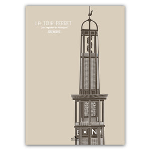 affiche  architecture année 20 ville de Grenoble de la tour Perret de couleur beige et marron format 50 x 70 cm imprimée en France à Grenoble