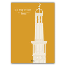 Charger l&#39;image dans la galerie, affiche  architecture année 20 ville grenoble de la tour Perret de couleur jaune et beige  format 50 x 70 cm imprimée en France à Grenoble