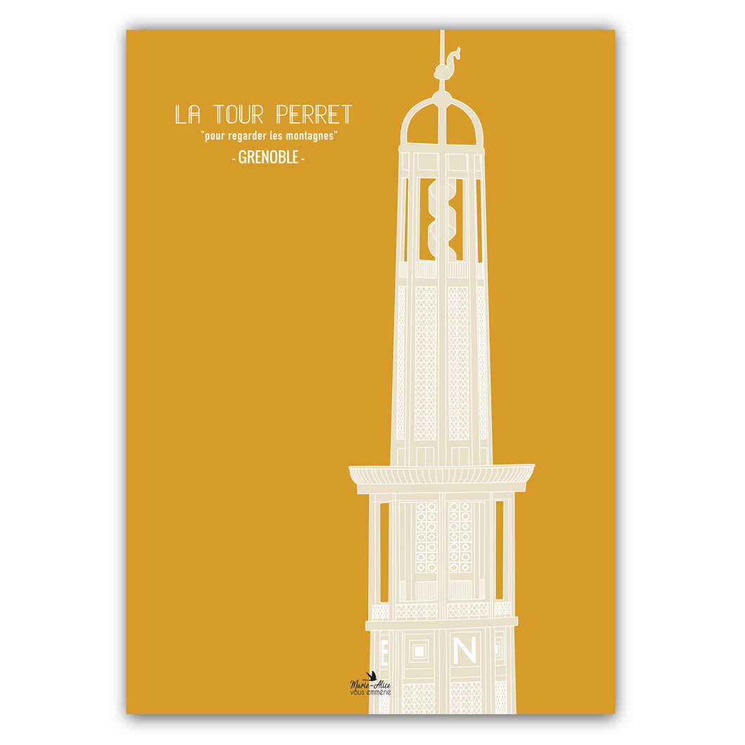 affiche  architecture année 20 ville grenoble de la tour Perret de couleur jaune et beige  format 50 x 70 cm imprimée en France à Grenoble