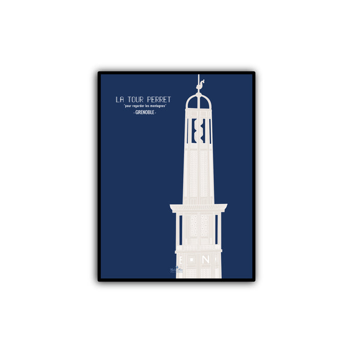 affiche cadre miniature de biais de la Tour Perret dans la ville de Grenoble en France. Version bleue et grise, dans un cadre. Artiste - marie-alice vous emmene