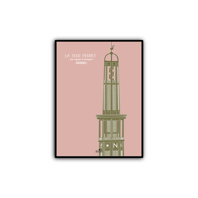 affiche cadre miniature de la Tour Perret dans la ville de Grenoble en France. Version rose et vert dans un cadre. Artiste - marie-alice vous emmene