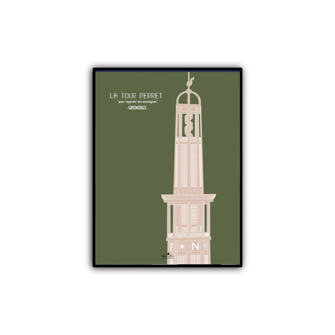 affiche cadre miniature de la Tour Perret dans la ville de Grenoble en France. Version verte et beige, dans un cadre. Artiste - marie-alice vous emmene