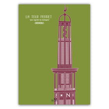 Charger l&#39;image dans la galerie, affiche architecture année 20 ville grenoble de la tour Perret de couleur vert et bordeaux  format 50 x 70 cm imprimée en France à Grenoble