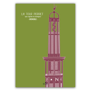 affiche architecture année 20 ville grenoble de la tour Perret de couleur vert et bordeaux  format 50 x 70 cm imprimée en France à Grenoble