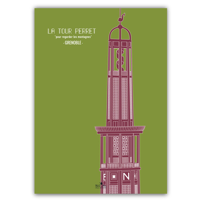 affiche architecture année 20 ville grenoble de la tour Perret de couleur vert et bordeaux  format 50 x 70 cm imprimée en France à Grenoble