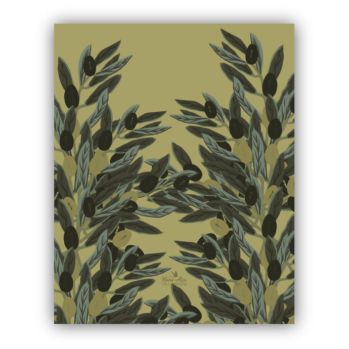Affiche représentant des branches d'oliviers avec ses olives noires et vertes. L'arrière-plan est de couleur vert olive. Format de l'illustration créée par marie alice vous emmene est de 40 x 50 cm.