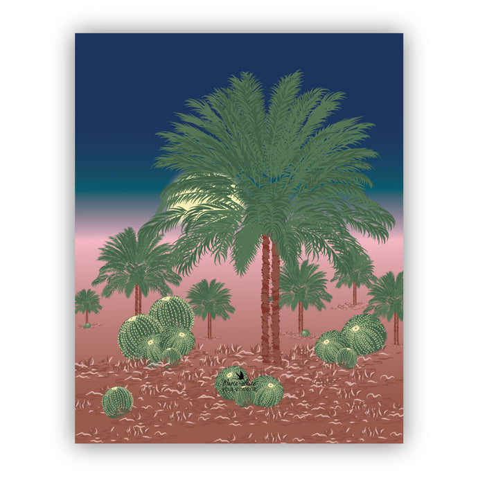 Affiche représentant des palmiers et des cactus de coussin de belle-mère . Format : 40 X 50 cm . Impression française - Création : Marie-Alice vous emmene 