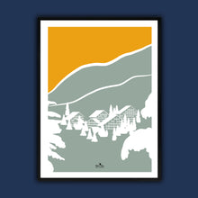 Charger l&#39;image dans la galerie, affiche d&#39;un paysage de montagne encadrée . Chalets sous la neige. Format 50 x 70 cm, couleurs jaune/vert. Affiche créée par marie alice vous emmene et imprimée en France à Grenoble. 