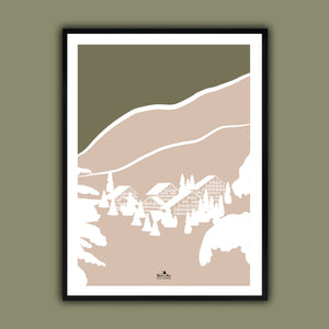 affiche d'un paysage de montagne encadré . Chalets sous la neige. Format 50 x 70 cm, couleurs vert/beige. Affiche créée par marie alice vous emmene et imprimée en France à Grenoble. 