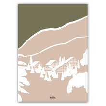 Charger l&#39;image dans la galerie, affiche d&#39;un paysage de montagne . Chalets sous la neige. Format 50 x 70 cm, couleurs vert/beige.  Affiche créée par marie alice vous emmene et imprimée en France à Grenoble. 