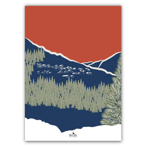 Affiche d'un paysage de montagne avec sa foret de sapins et son petit village de chalets. Format 50 x 70 cm, couleurs bleu, blanc, rouge. Affiche créée par marie alice vous emmene et imprimée en France à Grenoble. 