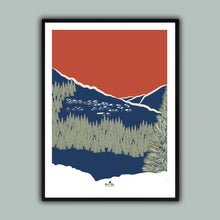 Charger l&#39;image dans la galerie, affiche d&#39;un paysage de montagne avec sa forets de sapins et son petit village de chalets. Format 50 x 70 cm, couleurs bleu, blanc, rouge. Affiche encadrée créée par marie alice vous emmene et imprimée en France à Grenoble.