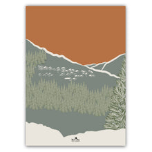 Charger l&#39;image dans la galerie, affiche d&#39;un paysage de montagne avec sa foret de sapins et son petit village de chalets. Format 50 x 70 cm, couleurs orange, vert, gris. Affiche créée par marie alice vous emmene et imprimée en France à Grenoble. 