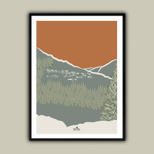 Charger l&#39;image dans la galerie, affiche d&#39;un paysage de montagne avec sa foret de sapins et son petit village de chalets. Format 50 x 70 cm, couleurs orange, vert, gris encadrée. Affiche créée par marie alice vous emmene et imprimée en France à Grenoble. 