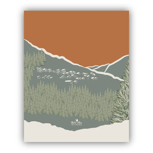 Affiche représentant un paysage de montagne avec sa foret de sapins et son village de chalets. Création : Marie-Alice vous emmène - Format 40 X 50 cm -  Création et impression françaises.