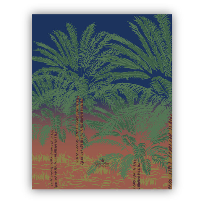 Affiche représentant quatre palmiers. l'arrière-plan dans la partie supérieur est bleu nuit et dans la partie inférieur est rouge ocre. Format de l'illustration créée par marie alice vous emmene est de 40 x 50 cm.