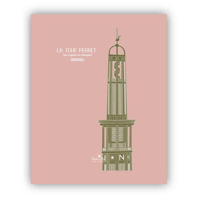 Affiche de la ville de Grenoble représentant la tour Perret. L'arrière plan est de couleur rose et la tour est de couleur vert kaki. Dimension 40 x 50 cm- impression française. Créatrice: Marie-Alice vous emmene 