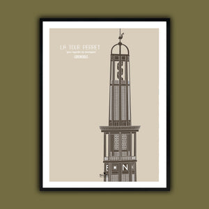 affiche dans cadre 60 x 80cm architecture année 20 ville grenoble de la tour Perret de couleur beige et marron format 50 x 70 cm imprimée en France à Grenoble