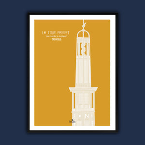 affiche dans cadre 60 x 80cm architecture année 20 ville grenoble de la tour Perret de couleur jaune et beige  format 50 x 70 cm imprimée en France à Grenoble