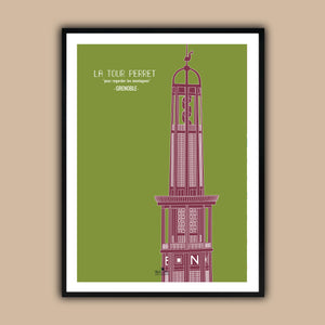 affiche dans cadre 60 x 80cm  architecture année 20 ville grenoble de la tour Perret de couleur vert et bordeaux  format 50 x 70 cm imprimée en France à Grenoble