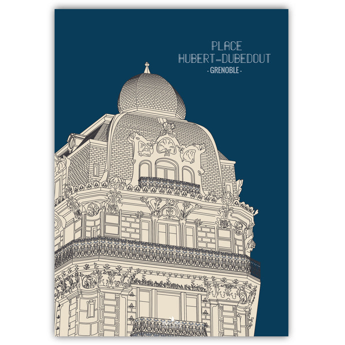 illustration du patrimoine d'architecture de style Art Nouveau. Place Hubert-Dubedout, rue Gambetta à Grenoble. 
Format : 50 x 70 cm 
Création : Marie-Alice vous emmène
Impression française
Couleur : bleu / ivoire
