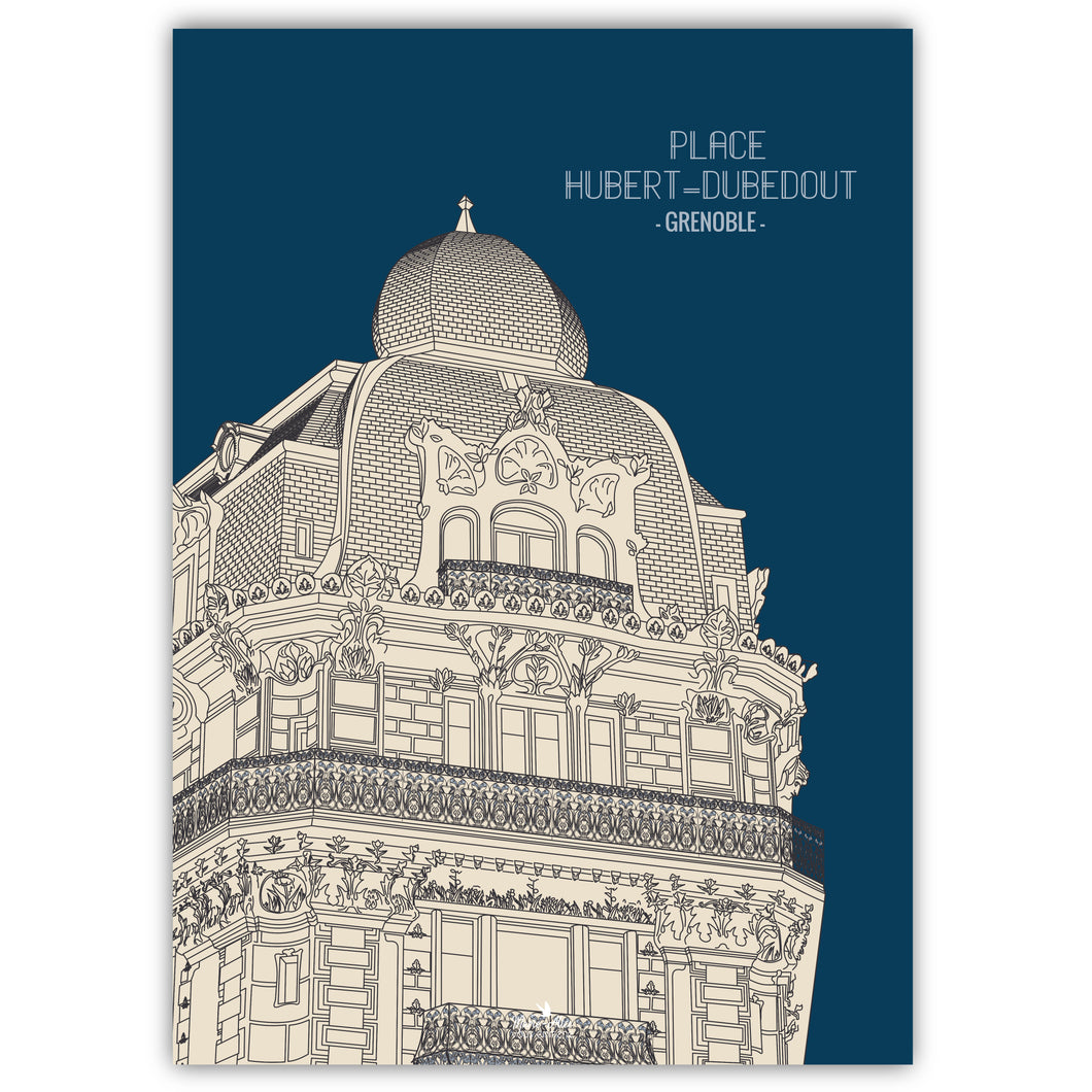 illustration du patrimoine d'architecture de style Art Nouveau. Place Hubert-Dubedout, rue Gambetta à Grenoble. 
Format : 50 x 70 cm 
Création : Marie-Alice vous emmène
Impression française
Couleur : bleu / ivoire

