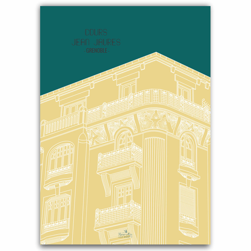 Illustration du patrimoine représentant la façade de style art déco du 29 cours Jean Jaurès à Grenoble. Dessin numérique. Illustration signée et numérotée de format 50 x 70 cm. 
Version jaune/vert - 
Impression française et locale. Création: Marie-Alice vous emmène